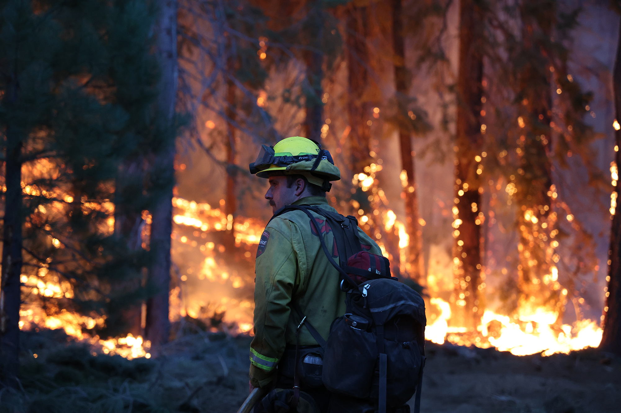 California firefighter looking out over a fire.